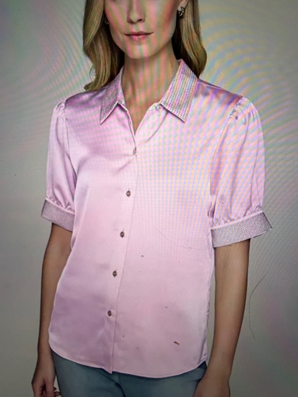 Karl Lagerfeld Paris Pink Satin Short-Sleeve Button-Up Blouse L - Picture 8 of 10